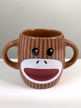 Galerie Sock Monkey Mug Ceramic Two-Handle Design Brown Knit Pattern Excellent